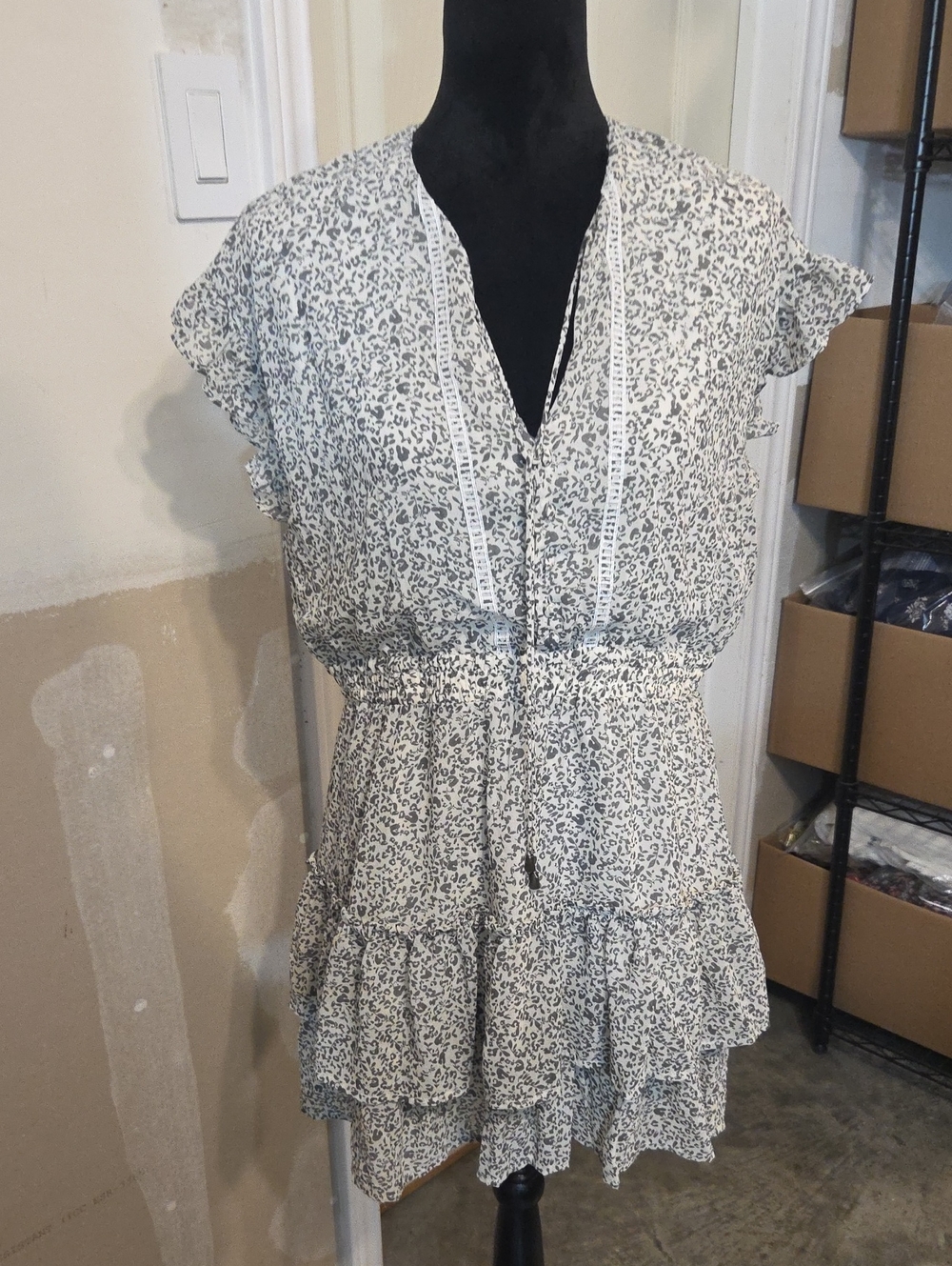 Newbury Kustom Tiered Ruffle Mini Dress in White with Gray Floral Print